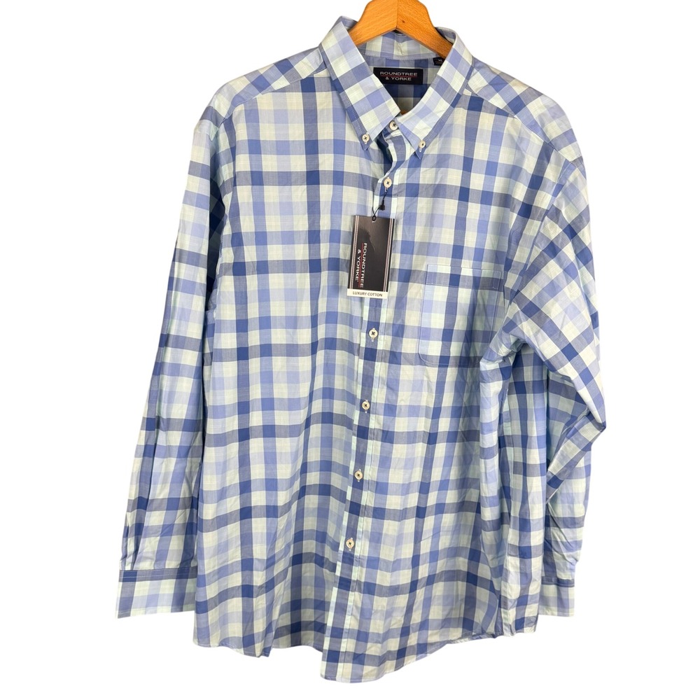 Roundtree & Yorke Mens XL Blue Plaid Luxury Cotton Button Down Shirt NWT